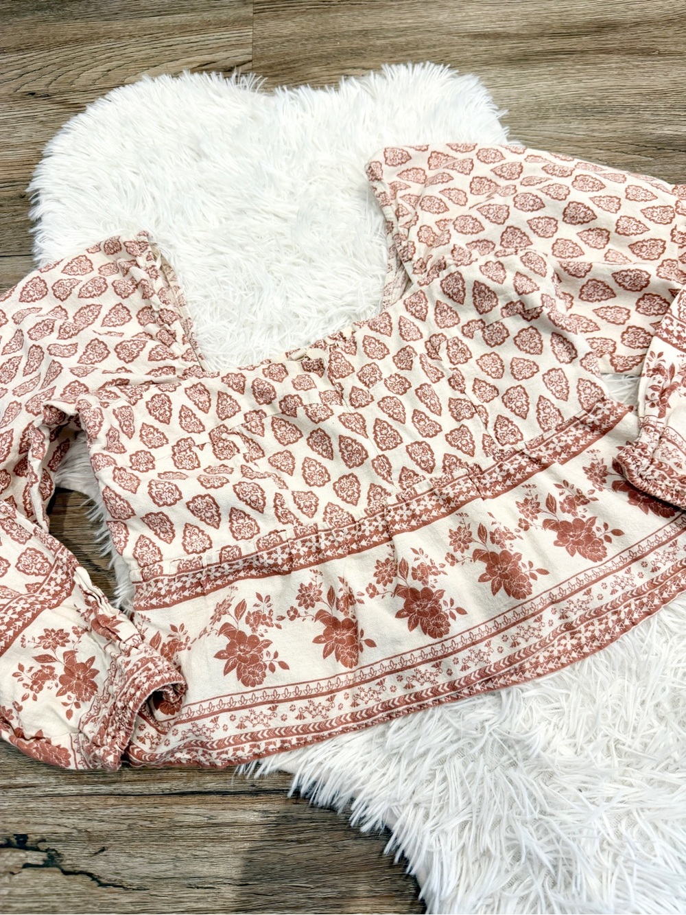 Sim & Sam Block Print Smocked Top Boho Natural Fibers Earth Neutral Romantic XL
